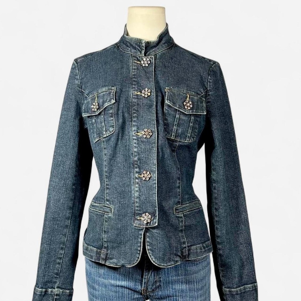 CI SONO Blue Stand Collar Rhinestone Buttons Denim Jacket Womens S Military